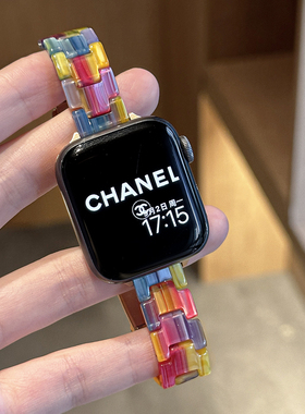 适用applewatchS11彩虹树脂表带iWatch大理石纹树脂细款SE 7/6/5/4/3/2苹果手表S10/9/8小蛮腰可调节腕带女夏