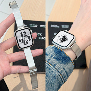 8高级感卡扣款 适用applewatch11代金属表带iwatchS10 苹果手表Ultra亮面不锈钢淑女小蛮腰腕带 猫眼竹节