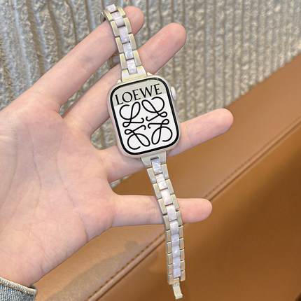 适用applewatch三珠金属拼接树脂细表带iWatchS10/9高级感小蛮腰细款SE2/5/6/7/8代苹果手表小香风气质腕带女