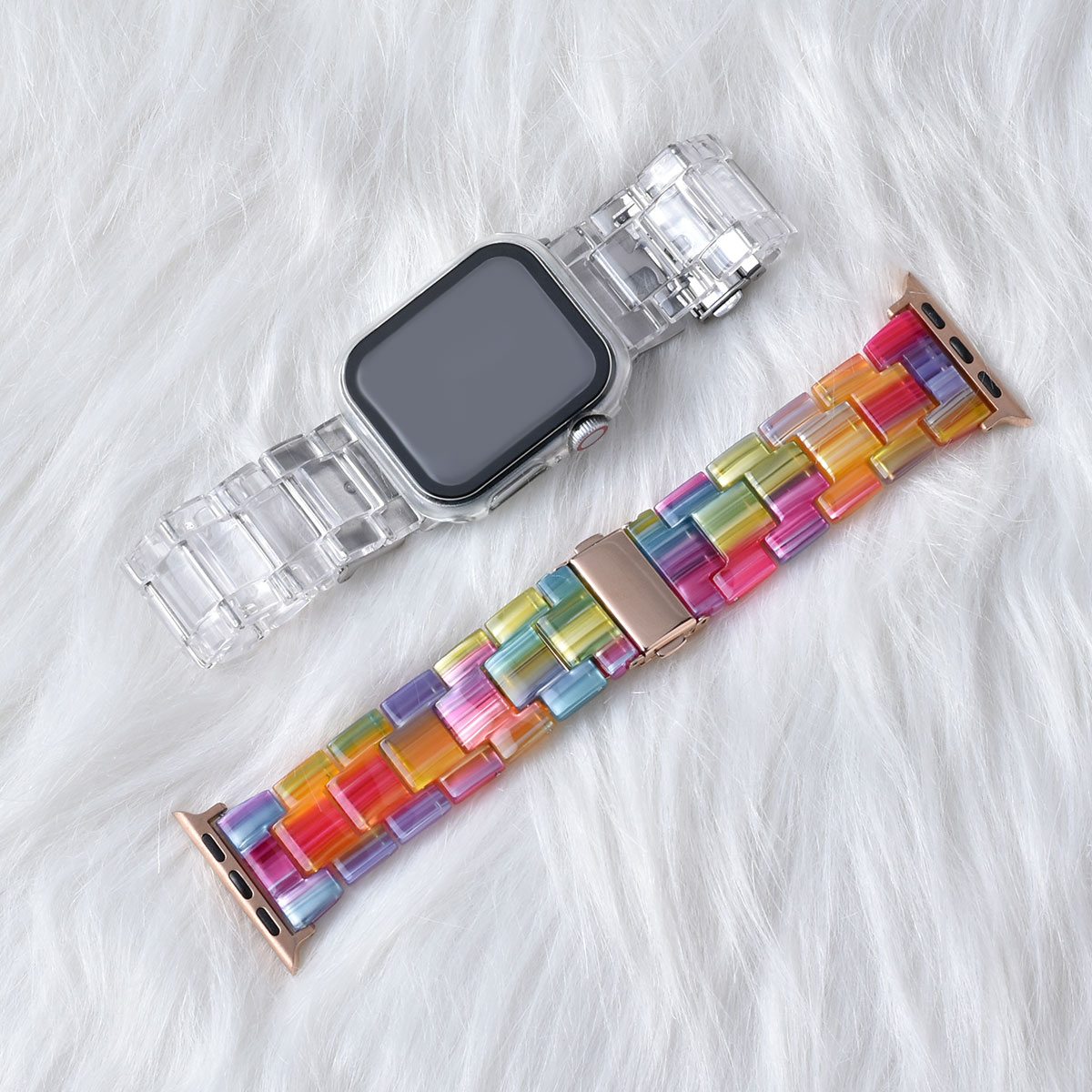 适用apple watch S10/9/8表带树脂大理石纹iwatch SE代苹果S7手表带透明三株果冻高级小香风彩虹新款表带女