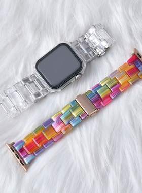 适用applewatchS11/10/9/8表带树脂大理石纹iwatchSE/6代苹果S7手表带透明三株果冻高级小香风彩虹新款表带女
