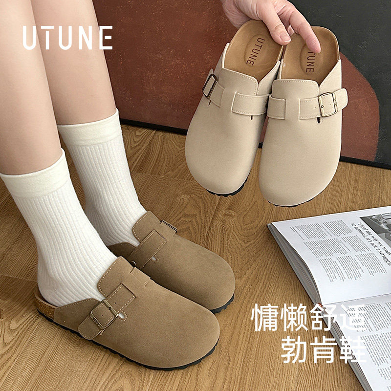 优调勃肯鞋女款春夏季厚底增高外穿软木底居家办公户外包头半包拖图片