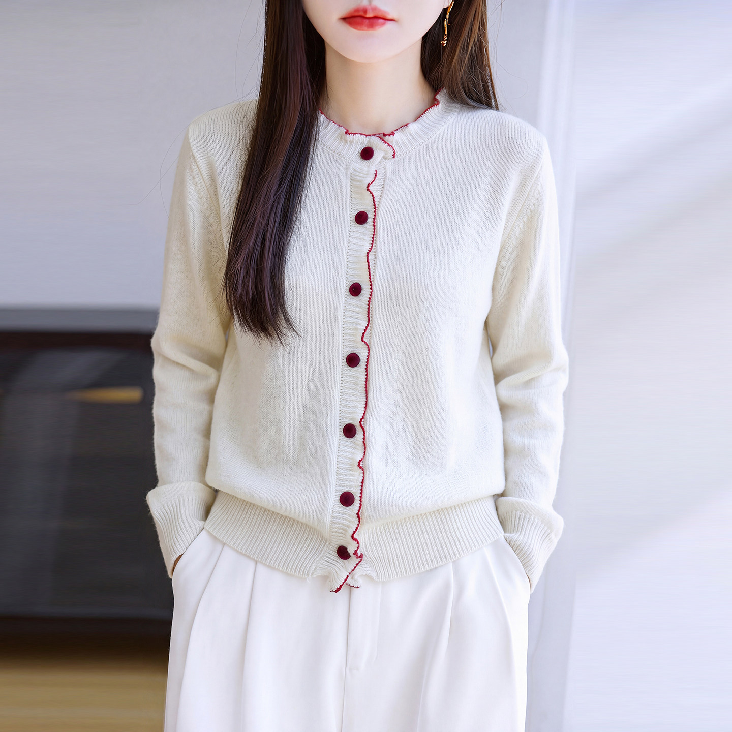 小香风珍珠扣100%羊毛开衫女