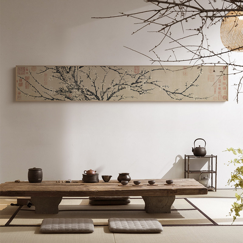 梅花诗意图新中式长横版装饰画客厅茶室背景墙面壁画高档仿古国画