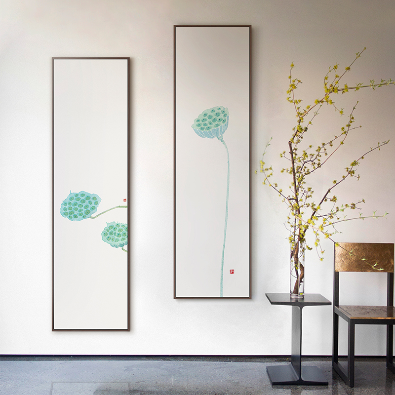 半庭x李戈晔 新中式竖长条玄关装饰画极简禅意莲蓬客厅挂画实木框