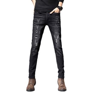 潮流裤子男士冬季牛仔裤男生修身小脚休闲长裤破洞韩版百搭小裤脚
