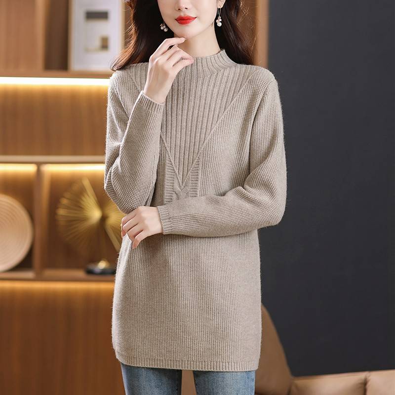 秋冬特大码针织毛衣女洋气妈妈宽松长袖遮肚上衣中长款羊毛打底衫