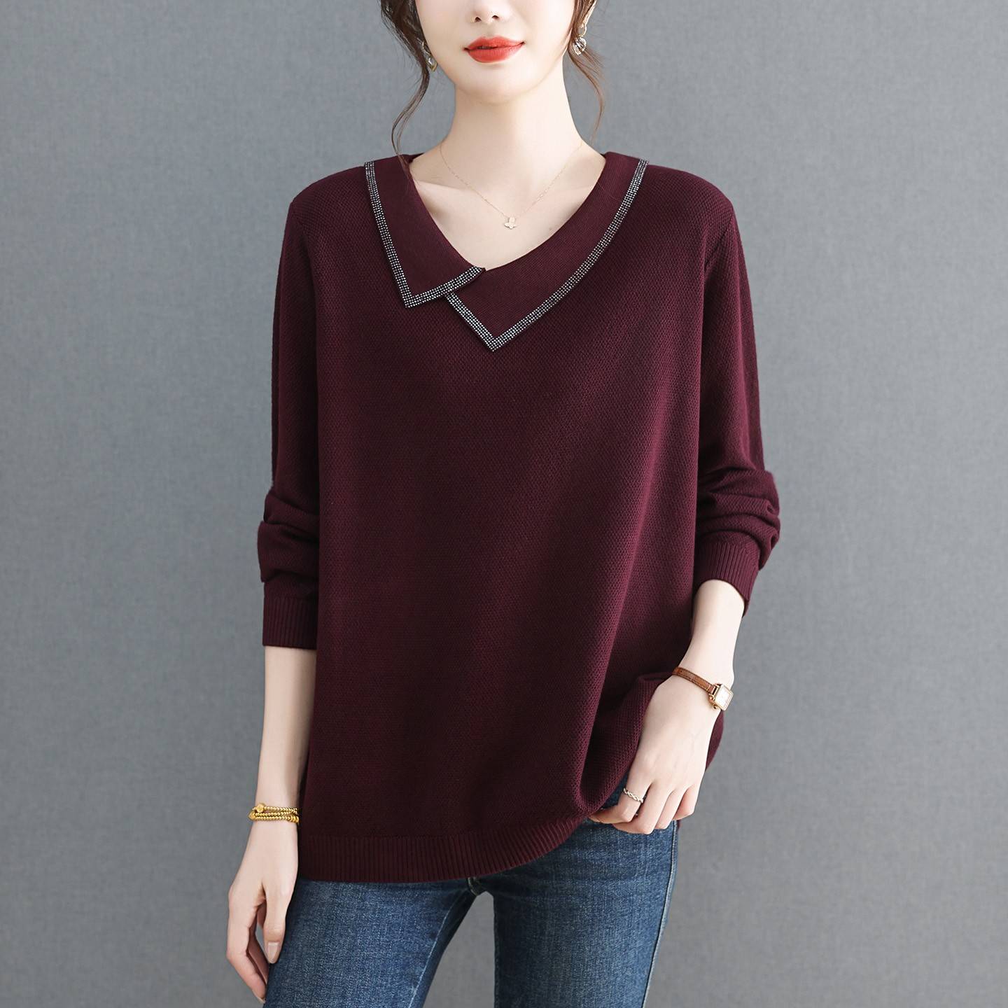 胖妈妈秋季新款上衣加肥加大码洋气翻领针织衫宽松遮肚长袖T恤女