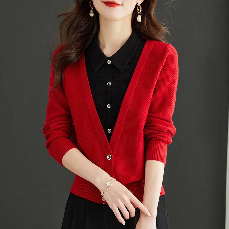 假两件上衣女春秋2025新款红色毛衣大码蛇年本命年衣服秋冬打底衫