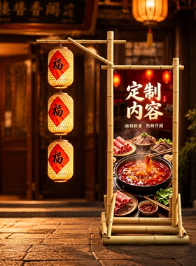 中式古风竹艺落地海报灯笼挂架