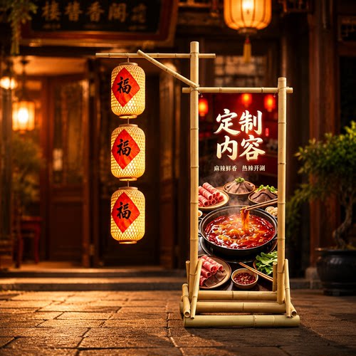 中式古风竹艺落地海报灯笼挂架