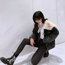 牛仔皮草外套女羊毛羔冬chic小个子1