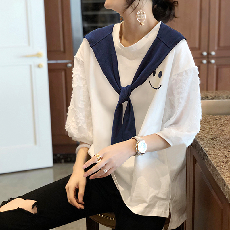 假两件上衣中袖七分白色t恤女款短袖半宽松2023早秋装新款欧洲站_虎窝淘