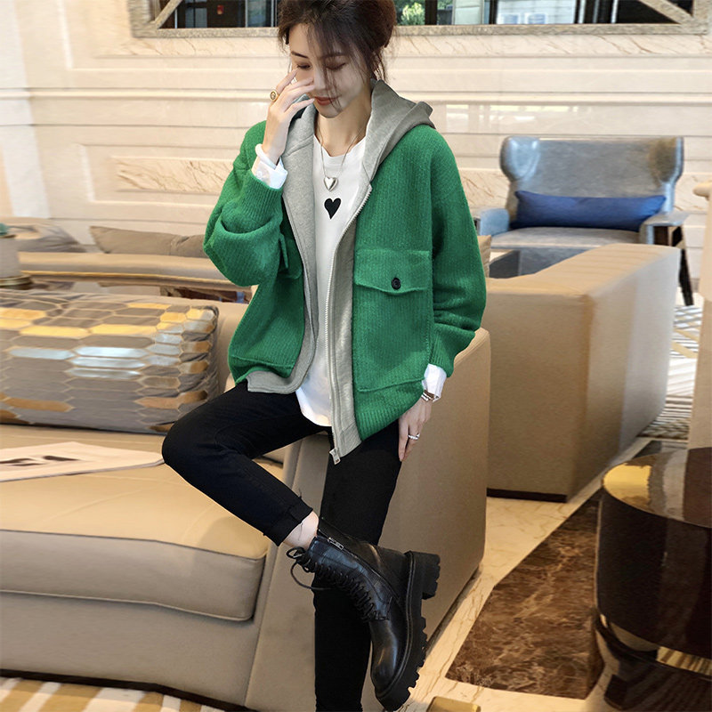 绿色假两件开衫短款外套女小个子上衣欧货早春装2022新款爆欧洲站