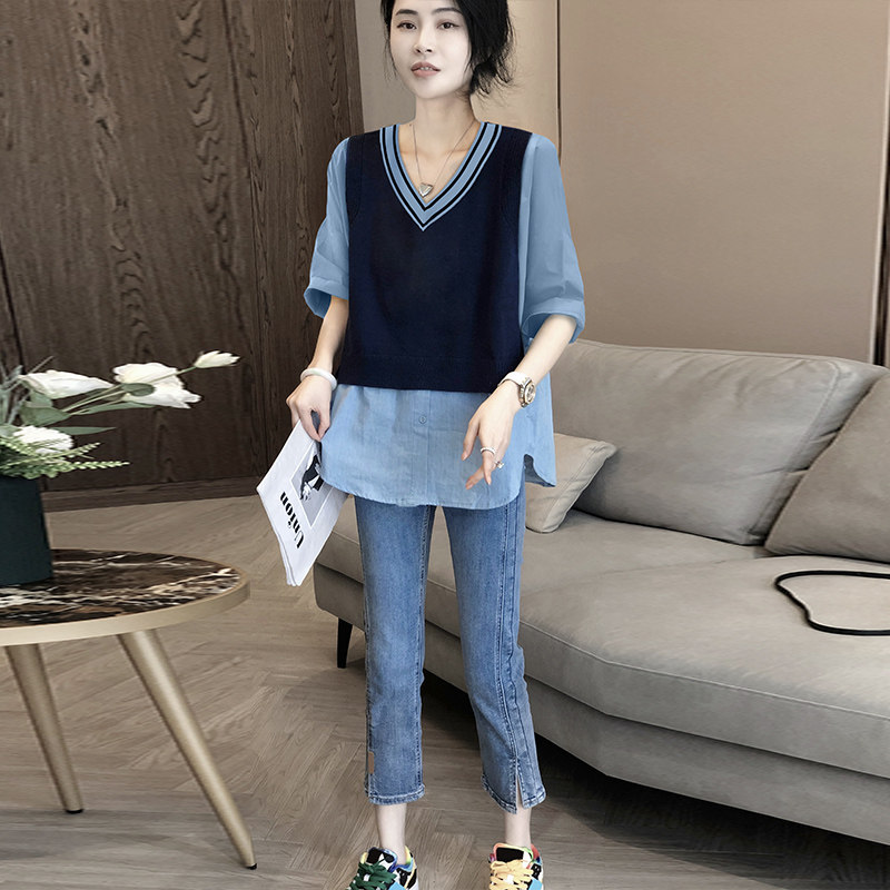 拼接假两件v领衬衫女设计感小众小衫半袖上衣早秋2022新款欧洲站