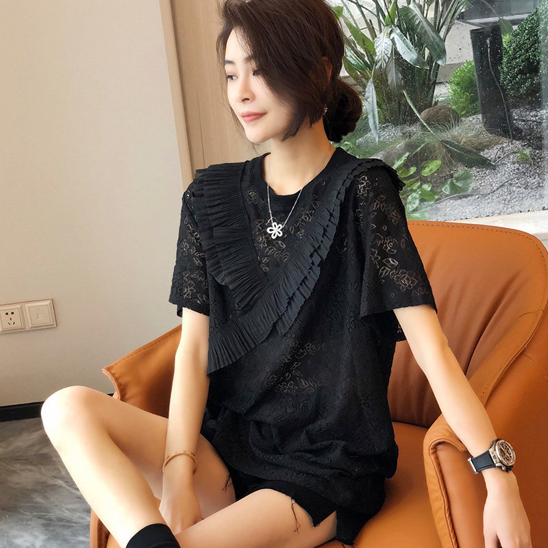 设计感上衣镂空小衫黑色蕾丝T恤ins潮牌短袖2022年夏季新款欧洲站