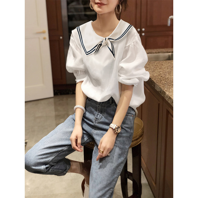 海军风领上衣女泡泡袖雪纺洋气小衫白色衬衣女夏季薄款2020欧洲站