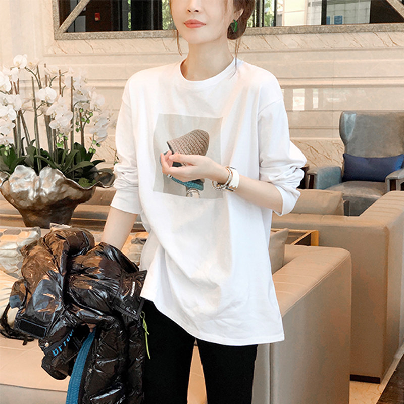 白色T恤女时尚印花设计感小众内搭长袖打底衫春秋2022新款欧洲站