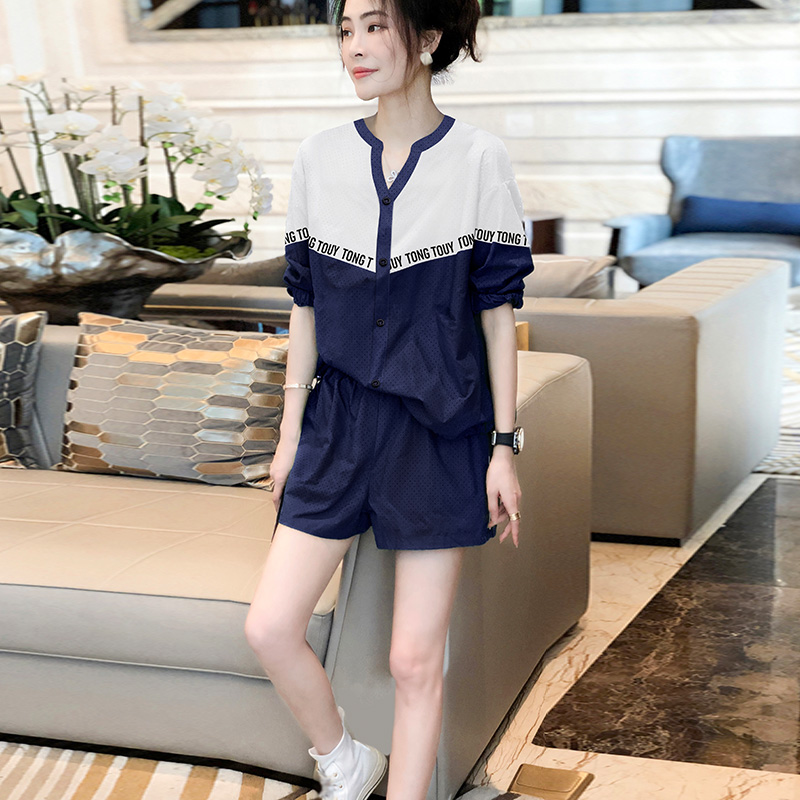 3休闲运动高腰短裤套装女透气薄上衣两件套洋气夏装2021新款欧洲站