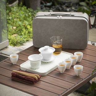 功夫茶具套装 家用德化白瓷旅行小茶具储排水茶盘陶瓷盖碗泡茶整套