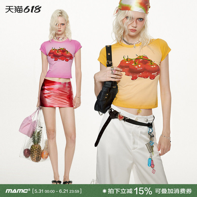 MAMC番茄圆领短袖t恤女夏季2024新款美式辣妹修身显瘦短款上衣