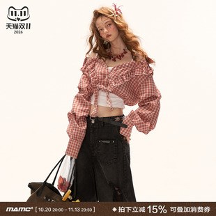 MAMC复古格子木耳绑带短款漏肩衬衫女款2026新款收腰高级长袖上衣