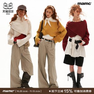 MAMC再生空气绒交叉宽领毛衣女2026秋季新款显瘦慵懒针织衫上衣