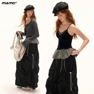 无袖 独特黑色修身 上衣 新款 MAMC假两件条纹花边吊带背心女2025秋季