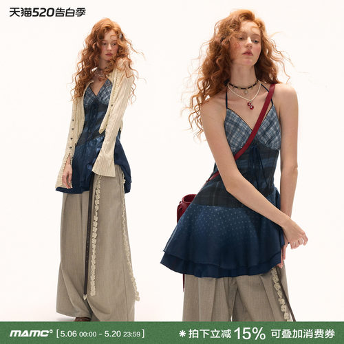 MAMC蓝色格纹拼接吊带连衣裙