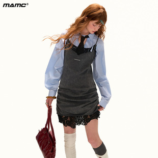 MAMC拼接蕾丝炒色褶皱吊带连衣裙女2025秋季 灰色气质吊带裙 新款