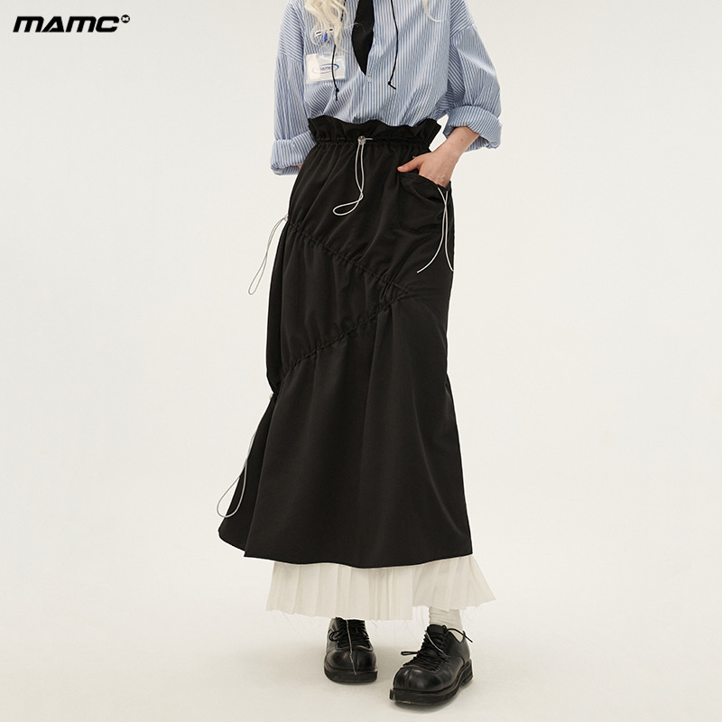 MAMC时尚褶皱拼接长裙2023秋冬新款高腰气质显瘦中长款半身裙女