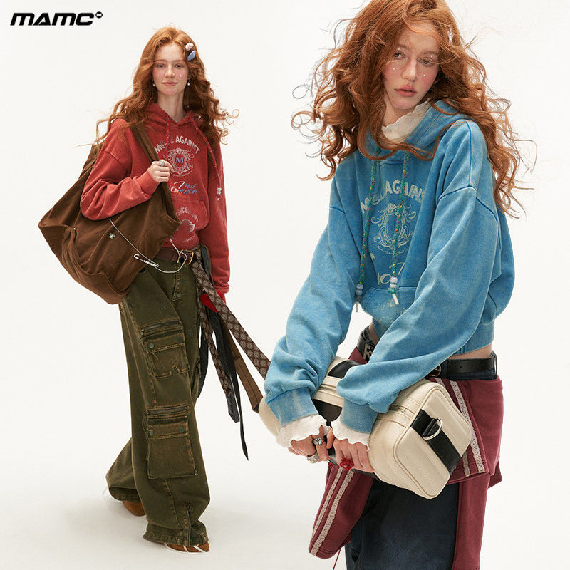 MAMC炒花logo连帽卫衣女秋冬新款宽松慵懒短款外套休闲长袖上