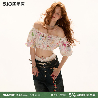 MAMC涂鸦泡泡袖一字肩抹胸上衣