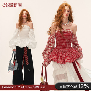 MAMC条纹打揽抹胸泡泡裙连衣裙女秋季新款白色气质收腰长袖裙子