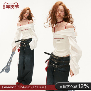 MAMC灯笼袖暗纹白色衬衫女2024新款修身独特小众设计感一字肩上衣