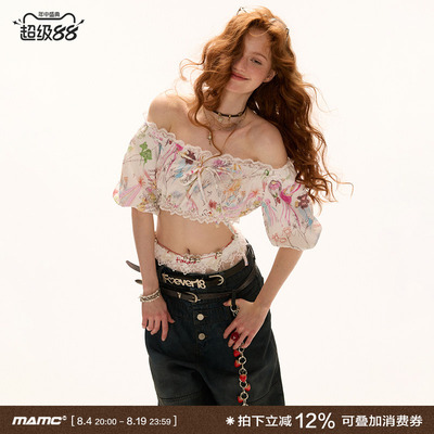 MAMC涂鸦泡泡袖一字肩抹胸上衣