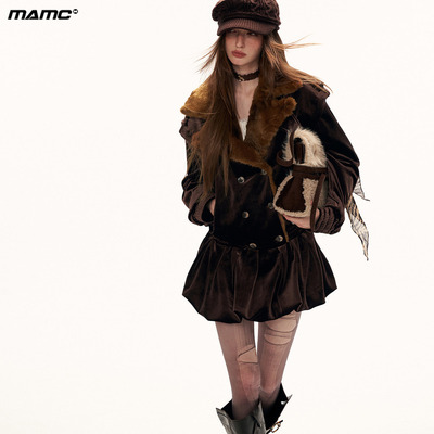 秋冬新款花苞下摆拼毛夹克裙