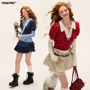 针织衫 温柔甜美毛衣秋冬新款 上衣女 修身 MAMC复古钩花v领泡泡袖