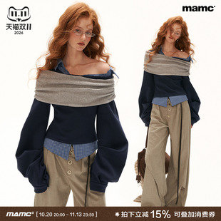 MAMC岚棉假两件拼接格纹露肩翻领长袖卫衣女秋季新款宽松休闲上衣