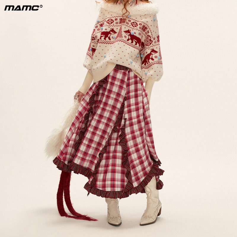 MAMC不规则木耳边拼接格子半身裙女2025秋季新款长裙休闲长款裙子