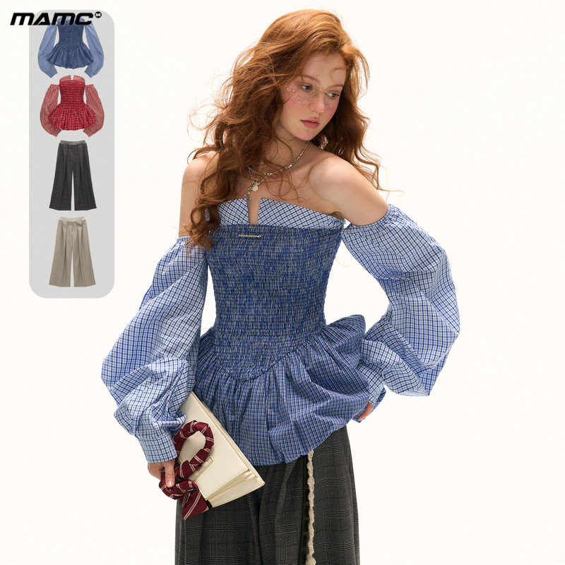 MAMC条纹打揽抹胸泡泡裙连衣裙2026春夏新款气质收腰长袖裙子