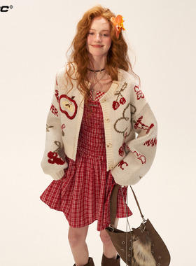 MAMC苹果樱桃毛衣慵懒上衣2025秋冬新款白色宽松圆领针织开衫外套