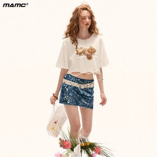 MAMC趣味猫猫印花破洞短袖T恤女2026夏新款宽松显瘦短款露脐上衣