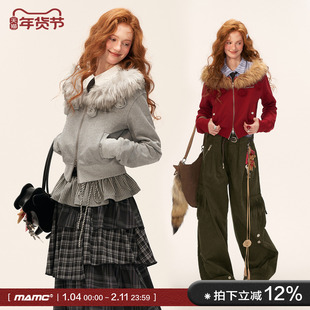 MAMC斜肩可拆卸毛领双拉链花朵短款外套女秋冬新款独特气质上衣