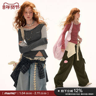 MAMC假两件拼条纹打底衫修身设计感长袖T恤女2025秋季新款上衣