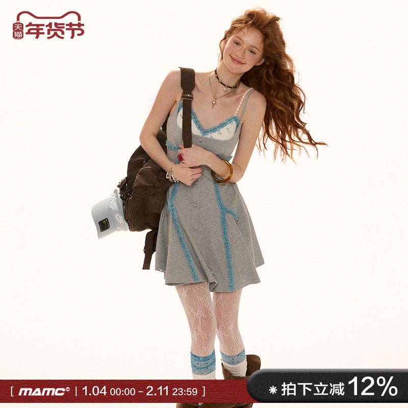 MAMC木耳边单排扣连衣裙女2025夏季新款收腰显瘦高级设计感长裙,女装/女士精品,连衣裙,淘宝优惠券,粉丝福利购,淘宝优惠卷