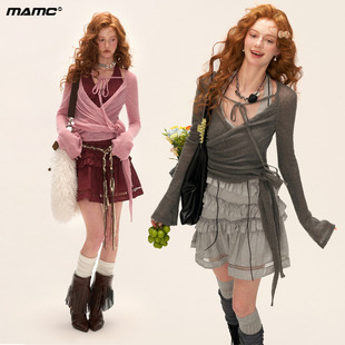 MAMC交叉绑带毛衣2025秋季新款性感辣妹修身灰色长袖针织上衣女