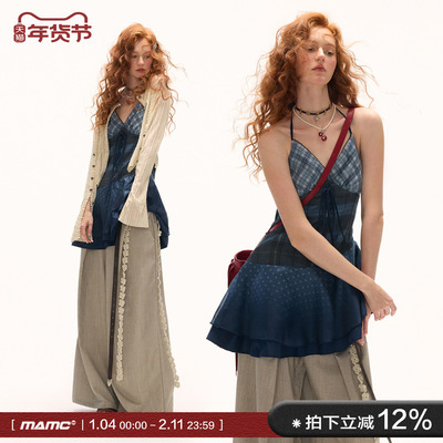 MAMC蓝色格纹拼接吊带连衣裙