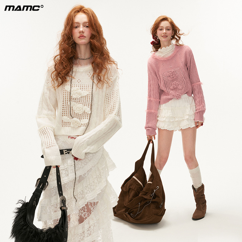 MAMC立体玫瑰花软糯毛毛领毛衣