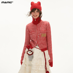 可爱百搭拉链针织开衫 MAMC连帽抓毛条纹毛衣女2024秋冬新款 外套
